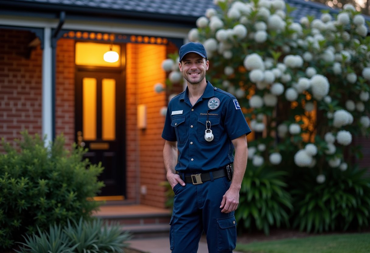 Locksmith opening a Federation home's front door at dusk — The Ponds